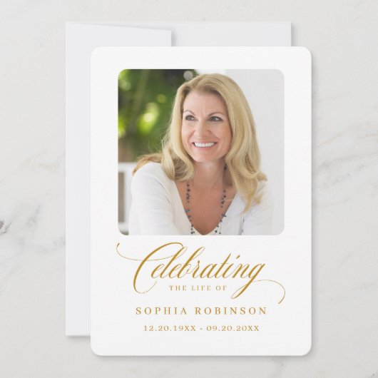 Foto Elegant Gold Script Funeral Memorial Kaart (Voorkant)