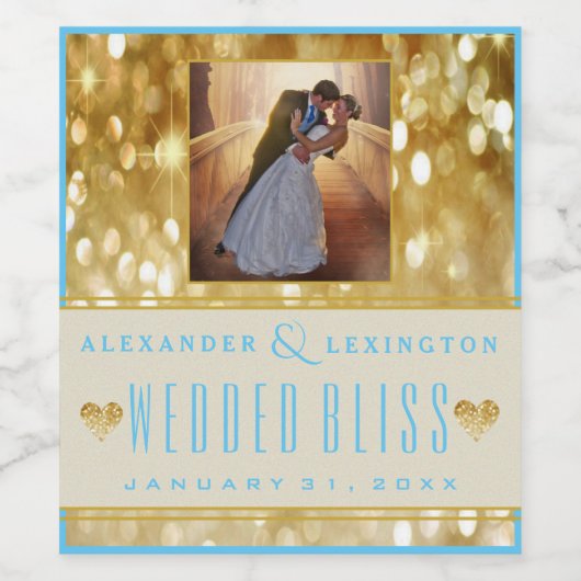 Foto Elegant Goud en Blauw Bruiloft Wijn Etiket (Enkel label)