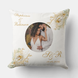 Foto Elegant Goud Wit Bloemen Monogram Bruiloft Kussen
