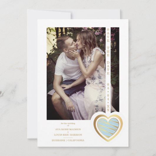 Foto: Elegant Light Blue & Gold Effect Heart Save The Date (Voorkant)