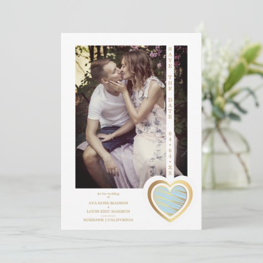 Foto: Elegant Light Blue & Gold Effect Heart Save The Date (Staand voorkant)