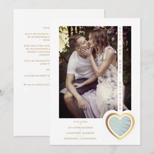 Foto: Elegant Light Blue & Gold Effect Heart Save The Date (Voorkant / Achterkant)