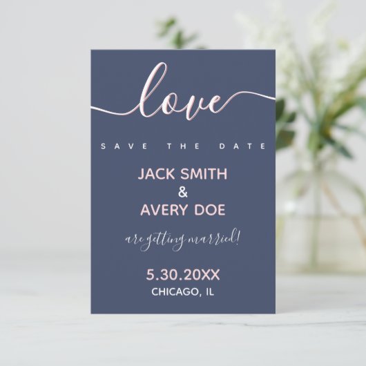 Foto Elegant & Modern Love Script Navy & Blush Save The Date (Staand voorkant)
