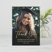 Foto Elegant Modern Script Zwart Goud Afstuderen Bedankkaart (Staand voorkant)