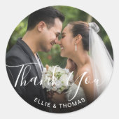 Foto Elegant Script Bedankt Ronde Sticker (Voorkant)
