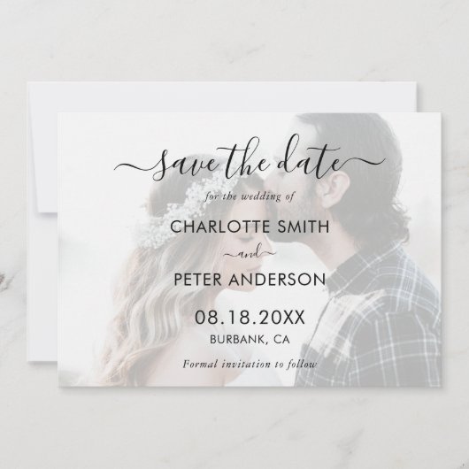 Foto Elegant Script Black and White Wedding Save The Date (Voorkant)