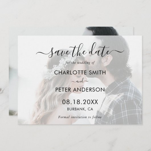 Foto Elegant Script Black and White Wedding Save The Date (Voorkant / Achterkant)