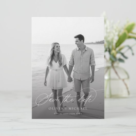 Foto Elegant Script Black and White Wedding Save The Date (Staand voorkant)