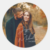 Foto Elegant Script Boho Wedding Ronde Sticker (Voorkant)