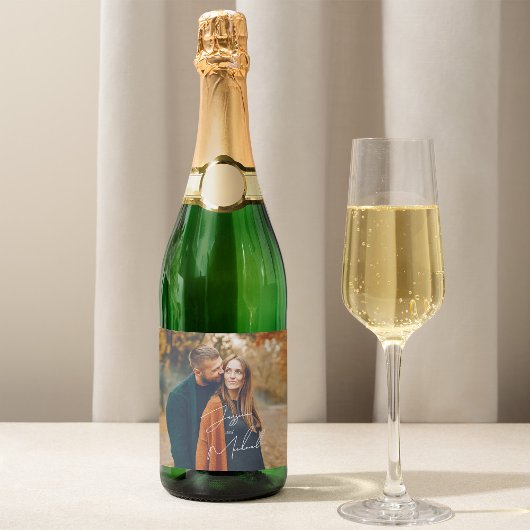 Foto Elegant Script Boho Wedding Sparkling Wijnetiket