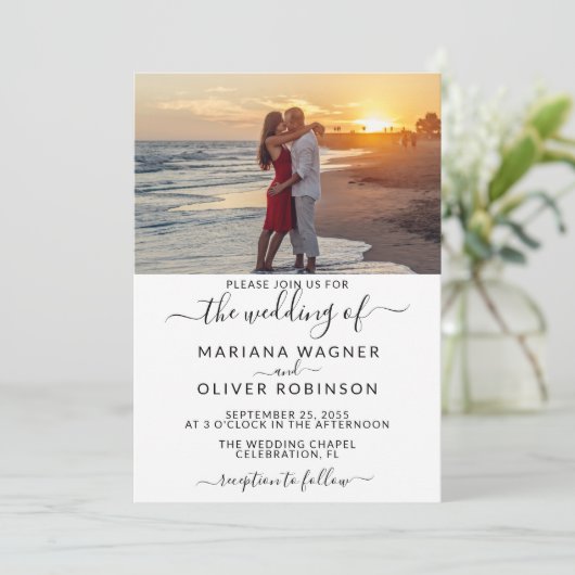 Foto Elegant Script Bruiloft Kaart (Staand voorkant)