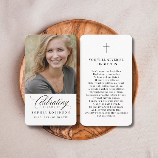 Foto Elegant Script Funeral Memorial Prayer Kaart Visitekaartje