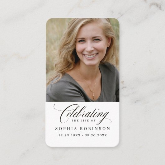 Foto Elegant Script Funeral Memorial Prayer Kaart Visitekaartje (Voorkant)