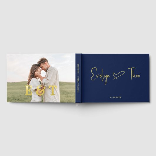 Foto Elegant Script Heart Blue Wedding Guest Book Gastenboek (Volledig)