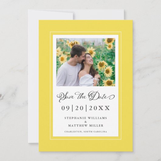 Foto Elegant Script Wedding Trendy Yellow Border Save The Date (Voorkant)