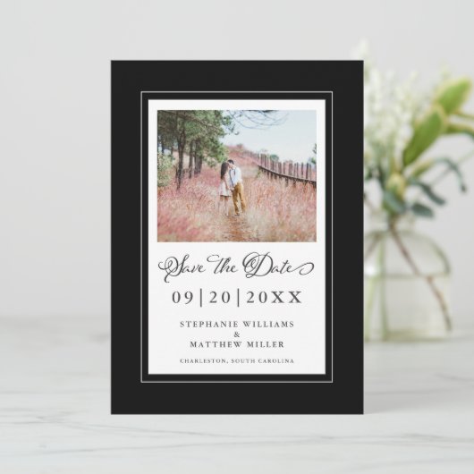 Foto Elegant Script Weduwend Black Border Save The Date (Staand voorkant)