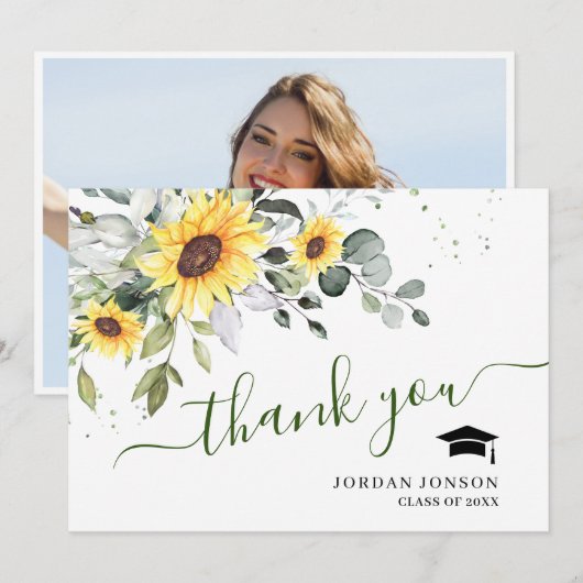 FOTO Elegant Sunflower Eucalyptus Afstuderen Bedankkaart (Voorkant / Achterkant)
