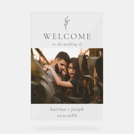 Foto Elegant Welkom Bruiloft Botanische Eenvoudig Acryl Bord (Voorkant)