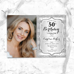 Foto Elegant Zilver 50ste Verjaardag Kaart<br><div class="desc">Elegante vrouwelijke 50ste verjaardag uitnodiging met uw foto. Glam ontwerp met faux glitter zilver. Beschikt over strepen,  scriptlettertype en confetti. Perfect voor een stijlvol volwassen feestje. Personaliseer met je eigen gegevens. Kan voor om het even welke leeftijd worden aangepast! Gedrukte Zazzle-uitnodigingen of direct download digitale afdrukbare sjabloon.</div>