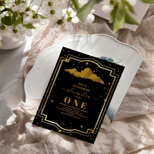 Foto Elegant Zwart Goud Celestial 1e Verjaardag Kaart