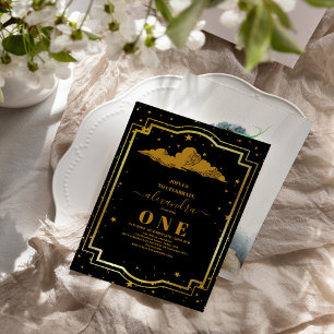 Foto Elegant Zwart Goud Celestial 1e Verjaardag Kaart