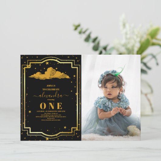 Foto Elegant Zwart Goud Celestial 1e Verjaardag Kaart (Staand voorkant)