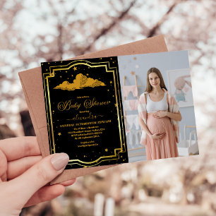 Foto Elegant Zwart Goud Celestial Baby shower Kaart