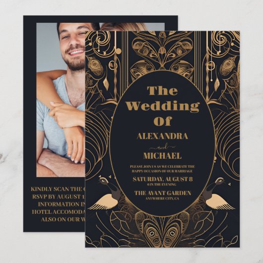 Foto Elegante Art Deco Peacocks Bruiloft Kaart (Voorkant / Achterkant)