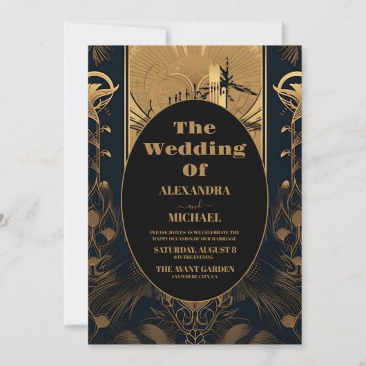 Foto Elegante Art Deco Peacocks Bruiloft Kaart (Voorkant)