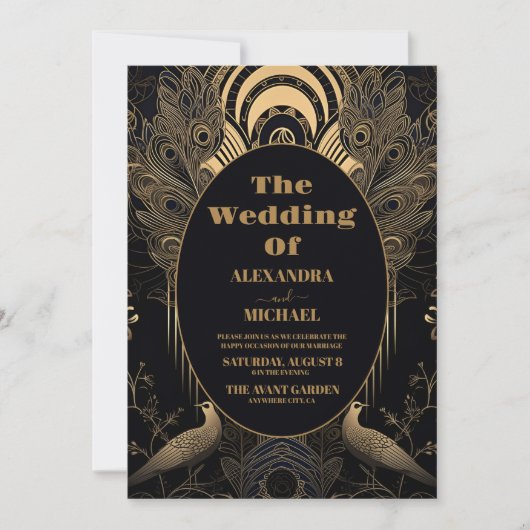 Foto Elegante Art Deco Peacocks Bruiloft Kaart (Voorkant)