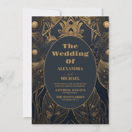 Foto Elegante Art Deco Peacocks Bruiloft Kaart (Voorkant)