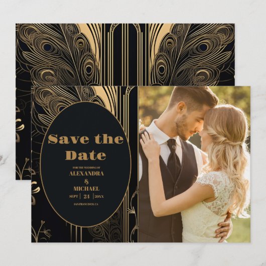 Foto Elegante Art Deco Peacocks Bruiloft Save The Date (Voorkant / Achterkant)