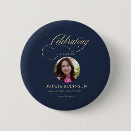 Foto Elegante Blauwe Gouden Schriftrouwkaart Ronde Button 5,7 Cm