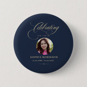 Foto Elegante Blauwe Gouden Schriftrouwkaart Ronde Button 5,7 Cm