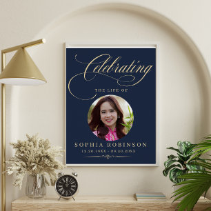 Foto Elegante Blauwe Gouden Script Rouwherdenking Perfect Poster