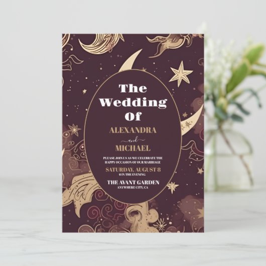 Foto Elegante Bourgogne Goud Hemelbruiloft Kaart (Staand voorkant)