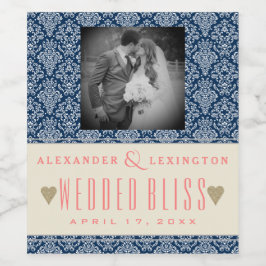 Foto Elegante Damast Marine Blauw Koraal Bruiloft Wijn Etiket