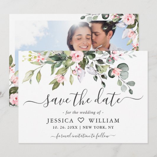 FOTO Elegante Eucalyptus Roze Blush Rozen Bruiloft Save The Date (Voorkant / Achterkant)