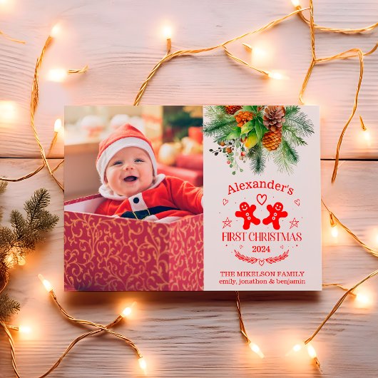 Foto Elegante Floral Baby's Eerste Kerstmis Feestdagenkaart