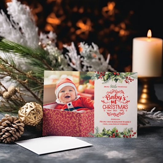 Foto Elegante Floral Baby's Eerste Kerstmis Feestdagenkaart