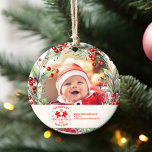 Foto Elegante Floral Baby's Eerste Kerstmis Ornament<br><div class="desc">Koester de magie van de eerste Kerstmis van je baby met een aandenken die je boom nog jaren zal sieren. Onze foto Elegant Floral Baby's First Christmas Ornament is een prachtige mix van elegantie en sentimentaliteit, ideaal om deze speciale mijlpaal te vieren. Elegant bloemenontwerp: ingewikkelde, handgetekende bloemenmotieven lijsten de foto...</div>