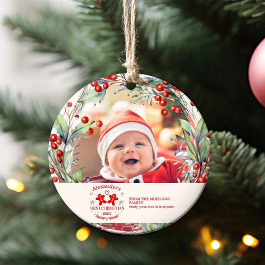 Foto Elegante Floral Baby's Eerste Kerstmis Ornament