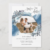 Foto Elegante Geometrische Blauwe Waterverf Save The Date (Voorkant)