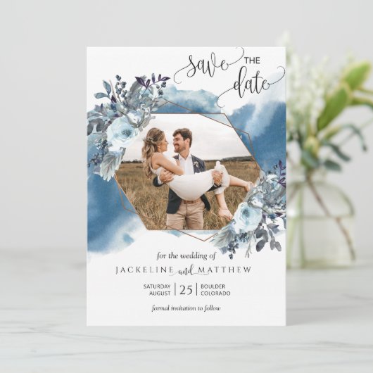 Foto Elegante Geometrische Blauwe Waterverf Save The Date (Staand voorkant)