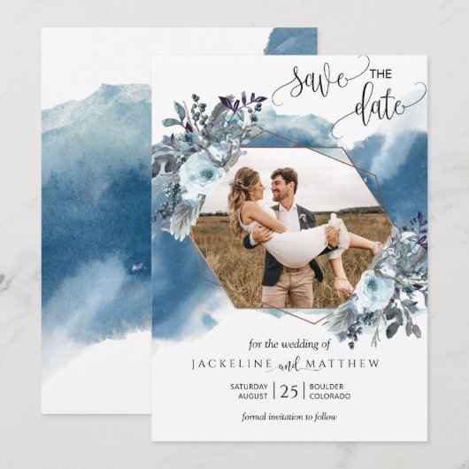 Foto Elegante Geometrische Blauwe Waterverf Save The Date (Voorkant / Achterkant)