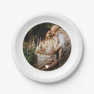 Foto Elegante kalligrafie Baby shower Hallo baby Papieren Bordje