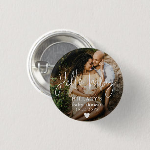 Foto Elegante kalligrafie Baby shower Hallo baby Ronde Button 3,2 Cm
