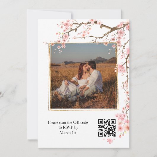 Foto Elegante Kersenbloesem QR Code Huwelijk Kaart (Achterkant)