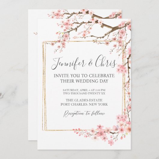 Foto Elegante Kersenbloesem QR Code Huwelijk Kaart (Voorkant / Achterkant)