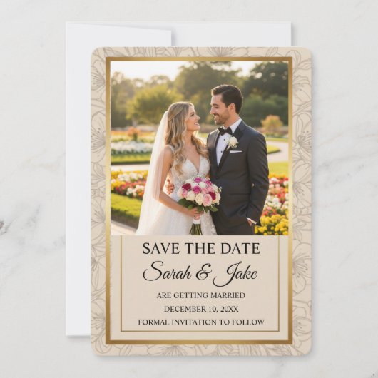 Foto Elegante Minimalistische Gouden Lijst & Bloem Save The Date (Voorkant)